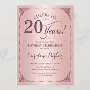 20th Birthday - Rose Gold Damask Invitation