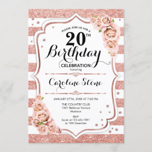 20th Birthday -  Rose Gold White Stripes Invitation
