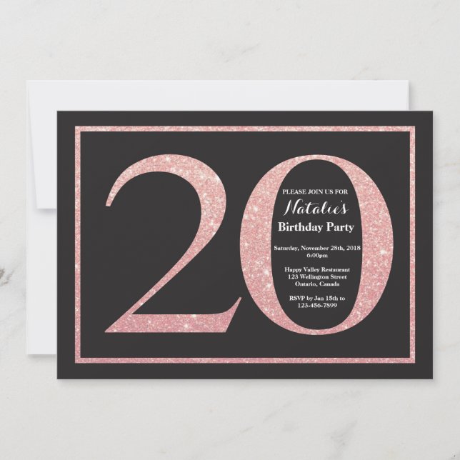 20th Birthday Rose Pink Gold Glitter Chalkboard Invitation (Front)