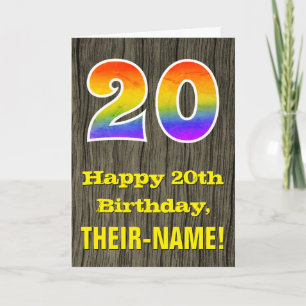 20th Birthday: Rustic Faux Wood Look, Rainbow "20" Card