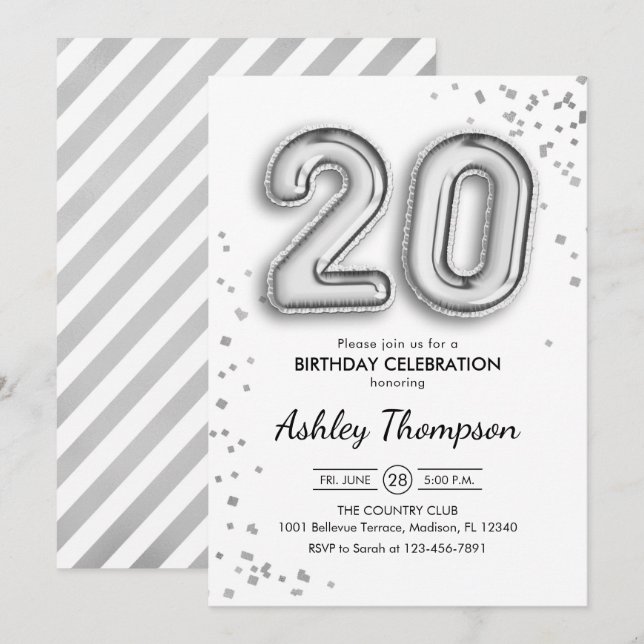 20th Birthday - Silver Balloons Invitation (Front/Back)
