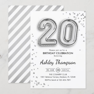 20th Birthday - Silver Balloons Invitation