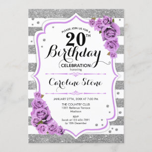 20th Birthday -  Silver White Stripes Purple Roses Invitation