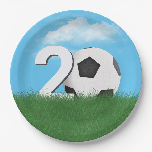 20th Birthday Soccer Ball In Green Grass Paper Plate (Front)
