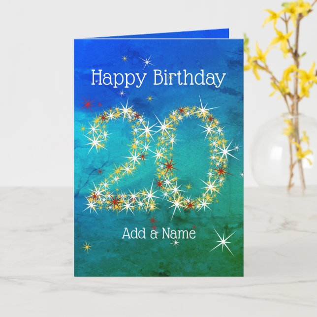 20th Birthday - Star Numbers - Blue Green - Age 20 Card (Yellow Flower)