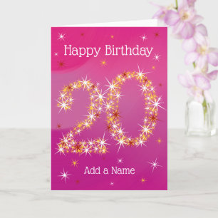 20th Birthday - Star Numbers - Pink - Age 20 Card
