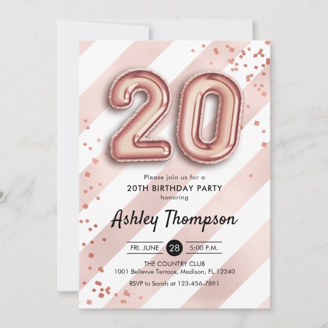 20th Birthday - Stripes Rose Gold Balloons Invitation (Front)