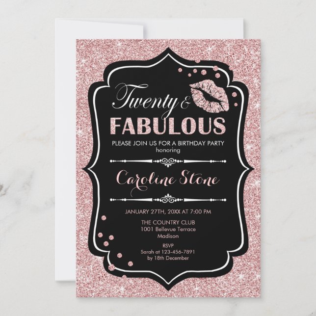 20th Birthday - Twenty Fabulous Rose Gold Black Invitation (Front)