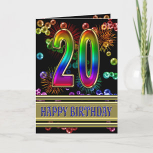 20th Birthday with rainbow bubbles and fireworks Card