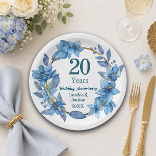 20th Blue Floral China Wedding Anniversary Paper Plate