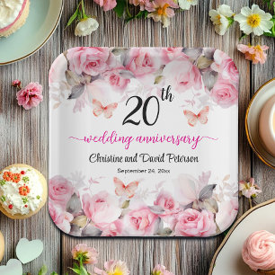 20th China Wedding Anniversary Blush Roses Paper Plate