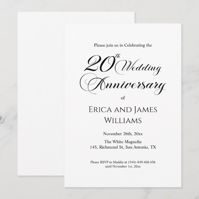 20th China Wedding Anniversary Elegant Script Invitation (Front/Back)