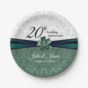 20th Emerald Damask Wedding Anniversary Design Paper Plate