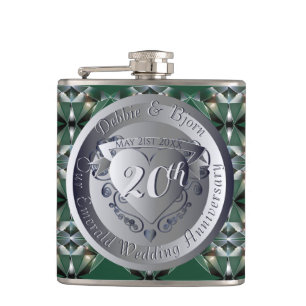 20th Emerald Design Wedding Anniversary Medallion  Hip Flask