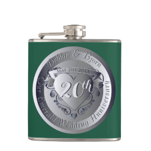 20th Emerald Wedding Anniversary Medallion Hip Flask