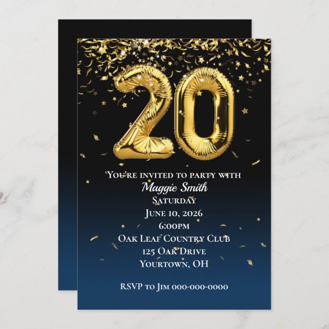 20th Gold Birthday Balloons and Confetti Invitation (Front/Back)