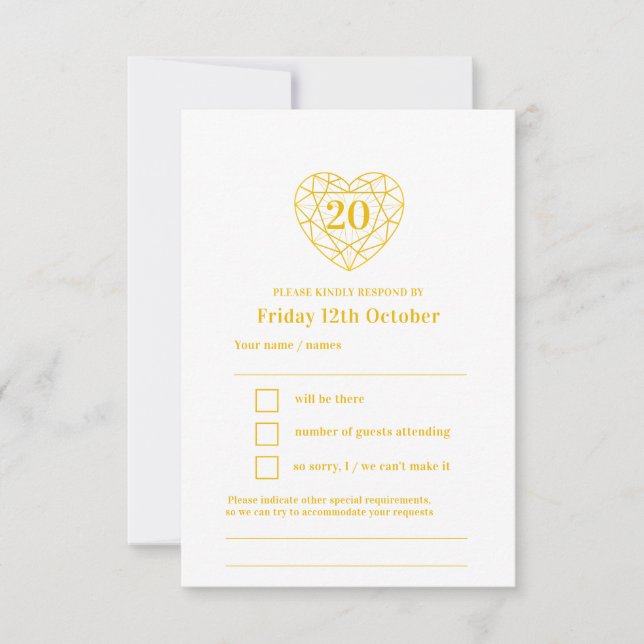 20th gold heart anniversary reply RSVP Card (Front)