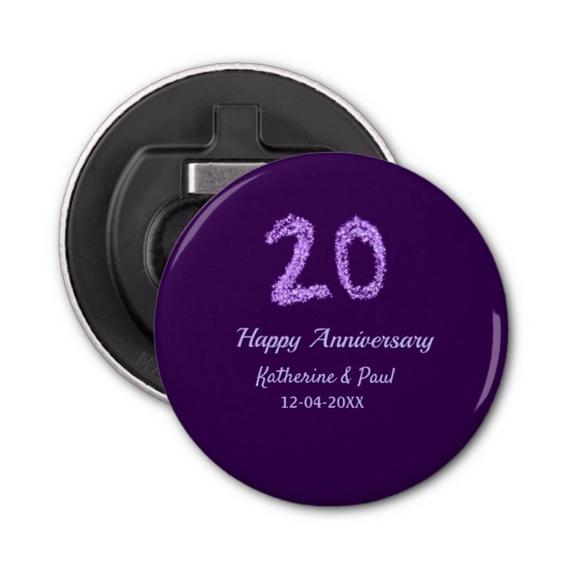 20th happy anniversary add couple name date purple bottle opener (Front)