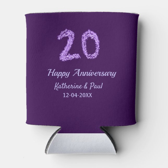 20th happy anniversary add couple name date purple can cooler (Front)