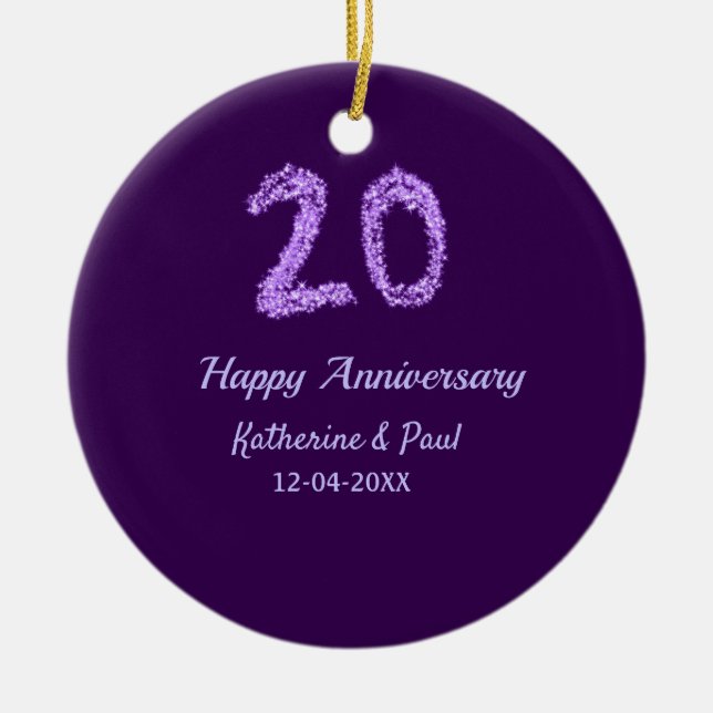 20th happy anniversary add couple name date purple ceramic tree decoration (Front)