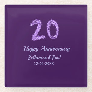 20th happy anniversary add couple name date purple glass coaster
