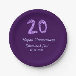 20th happy anniversary add couple name date purple paper plate