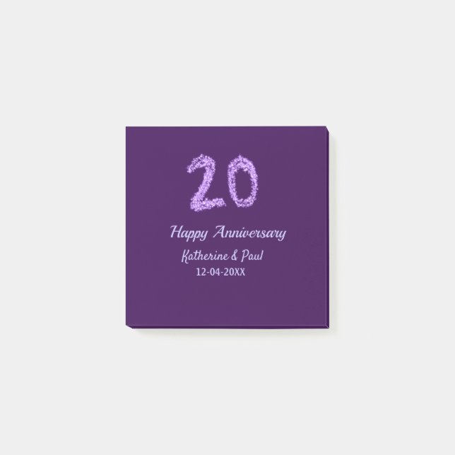 20th happy anniversary add couple name date purple post-it notes (Front)