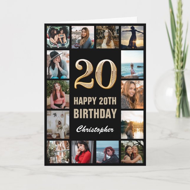 20th Happy Birthday Black and Gold Photo Collage Card (Front)