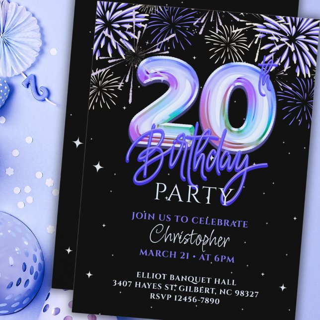 20th Mens Blue Fireworks Foil Balloon Birthday  Invitation (Creator Uploaded)