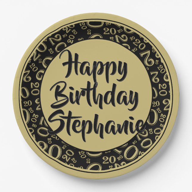 20th Party Random Number Pattern Black/Gold Paper Plate (Front)