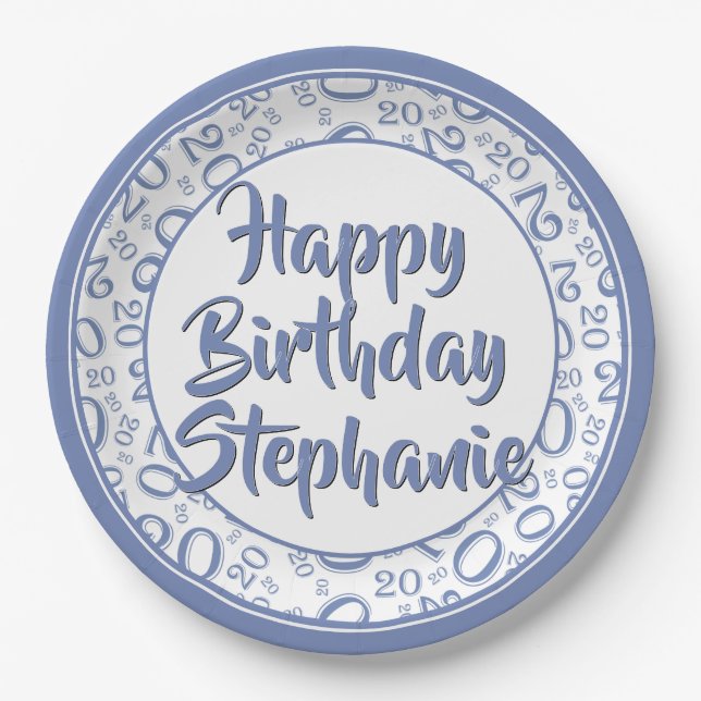 20th Party Random Number Pattern Blue/White Paper Plate (Front)