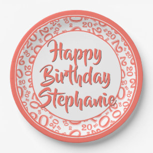 20th Party Random Number Pattern Coral/White Paper Plate