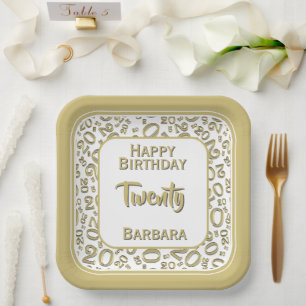 20th Party Random Number Pattern Gold/White Paper Plate