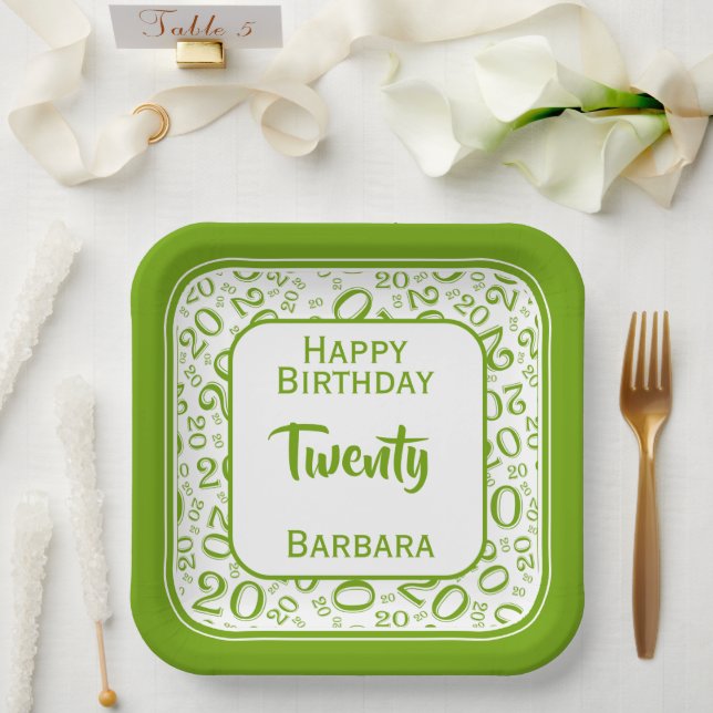 20th Party Random Number Pattern Green/White Paper Plate (Wedding)