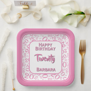 20th Party Random Number Pattern Pink/White Paper Plate