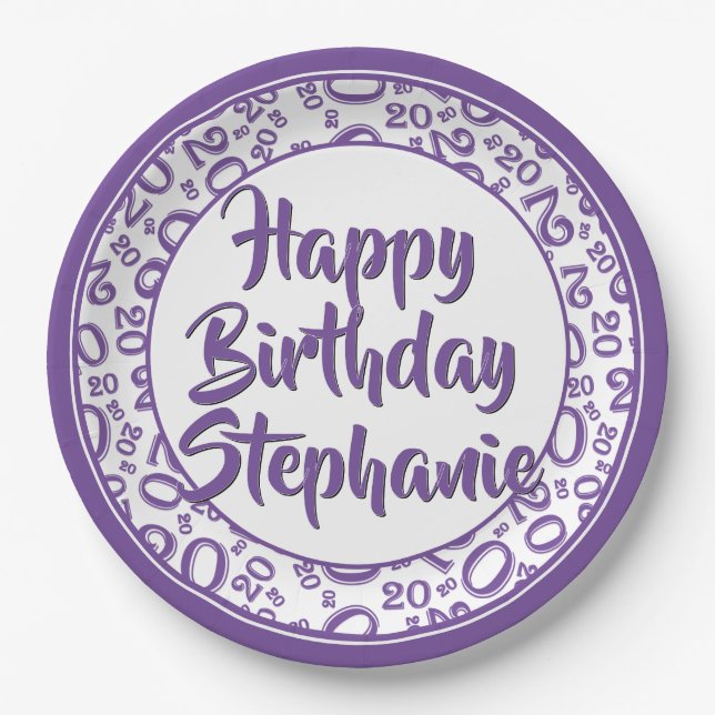 20th Party Random Number Pattern Purple/White Paper Plate (Front)