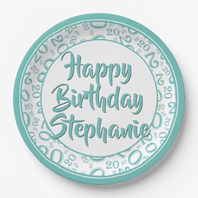 20th Party Random Number Pattern Teal/White Paper Plate (Front)