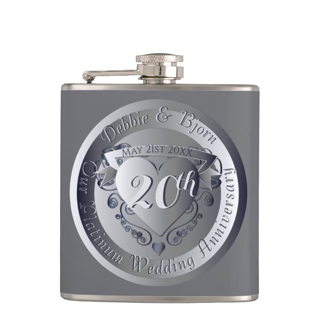 20th Platinum Wedding Anniversary Medallion Hip Flask (Front)