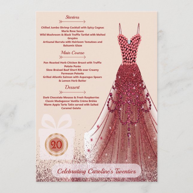 20th Ruby Red Glitter Burgundy Birthday Party Menu (Front)