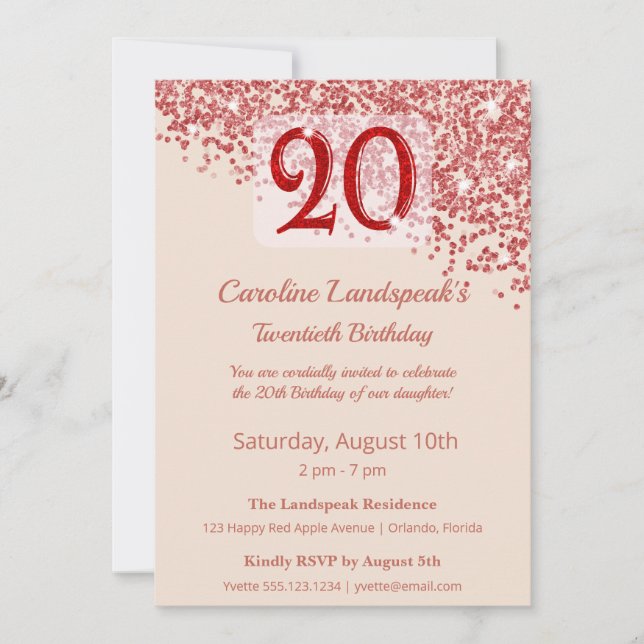20th Ruby Red Glitter Champagne Birthday  Invitation (Front)