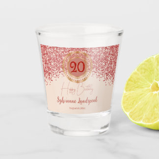 20th Ruby Red Glitter Champagne-Gold Birthday Shot Glass