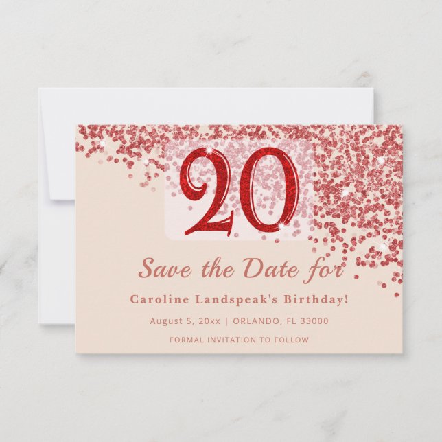 20th Ruby Red Glitter Champagne Save the Date  (Front)