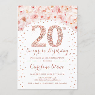 20th Surprise Birthday Party - White Rose Gold Invitation