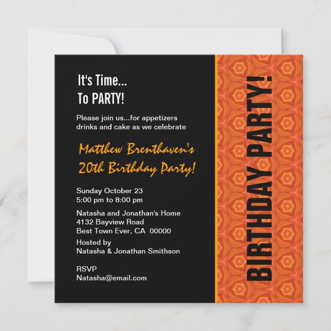 20th Teen Birthday Modern Orange and Black B321 Invitation (Front)