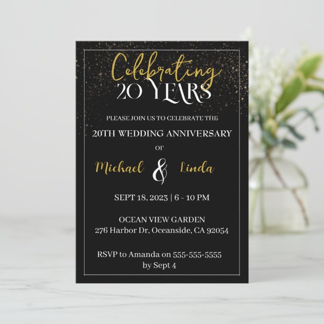 20th Wedding Anniversary Black Gold Modern Invitation (Standing Front)