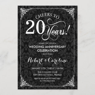 20th Wedding Anniversary - Black White Damask Invitation
