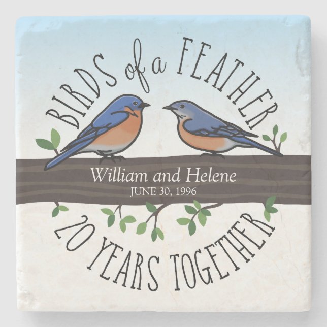 20th Wedding Anniversary, Bluebirds of a Feather Stone Coaster (Front)