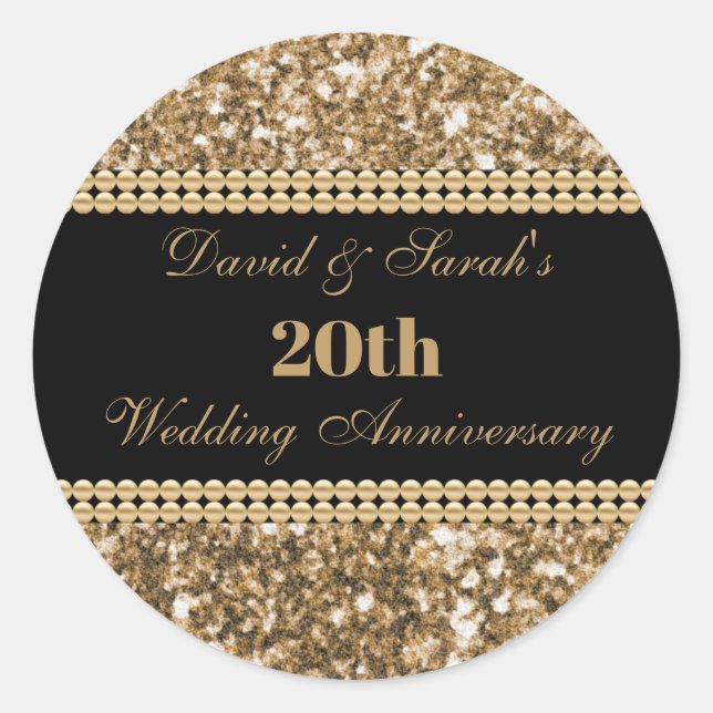20th Wedding Anniversary Celebration Gold Glitter  Classic Round Sticker (Front)