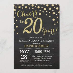 20th Wedding Anniversary Chalkboard Black and Gold Invitation