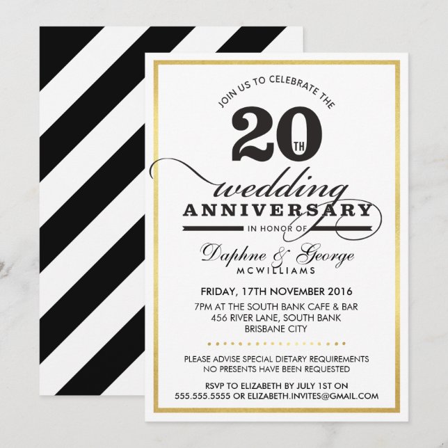 20TH WEDDING ANNIVERSARY classy stylish gold black Invitation (Front/Back)